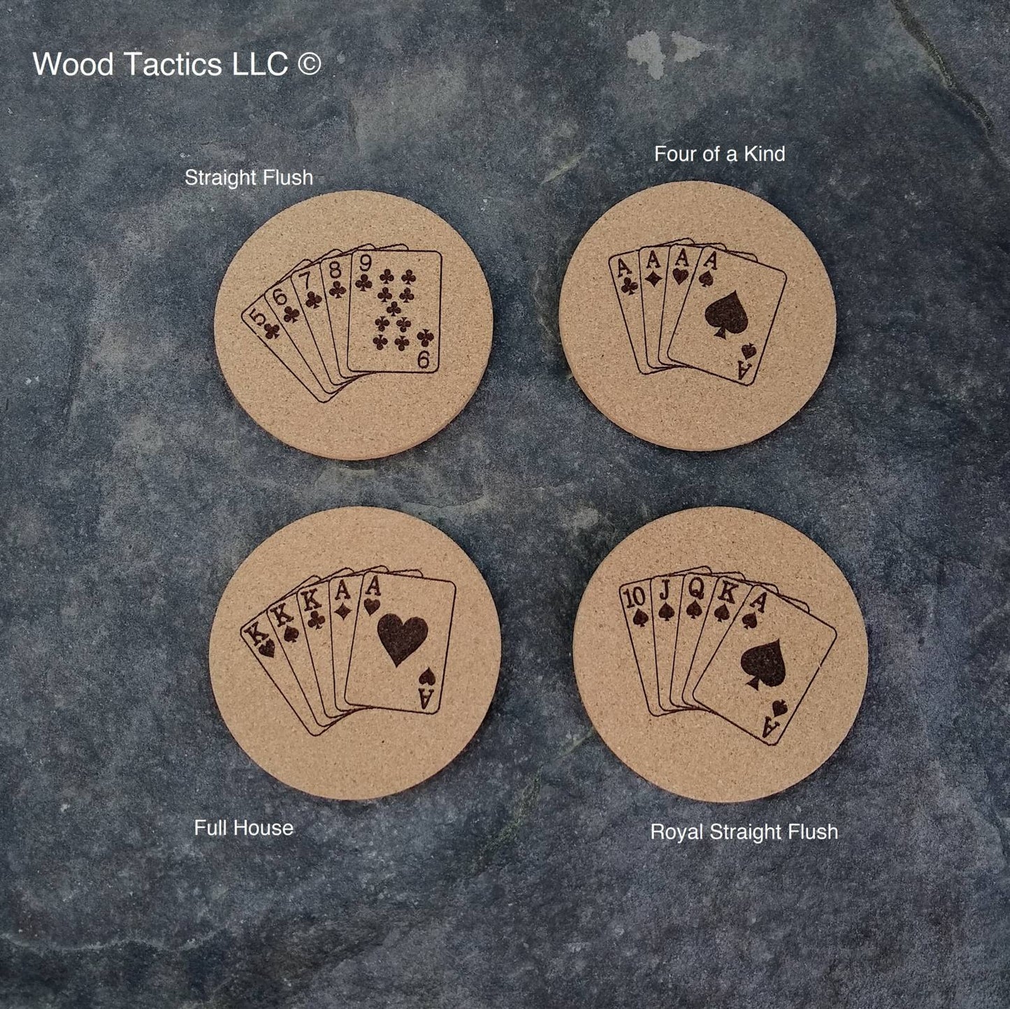 PC Game 4 inch Round Cork Coasters with Poker Hands, Royal Flush, 4 Aces, Full House and Straight Flush.