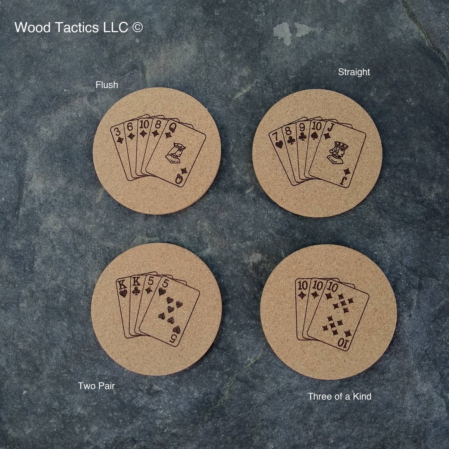 PC Game 4 inch Round Cork Coasters with Poker Hands, Flush, Straight, Two Pair and Three of a kind.
