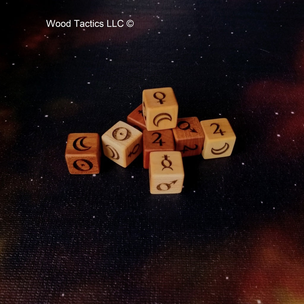 Custom 19mm D6 dice with astrology symbols made from Maple and Cherry.