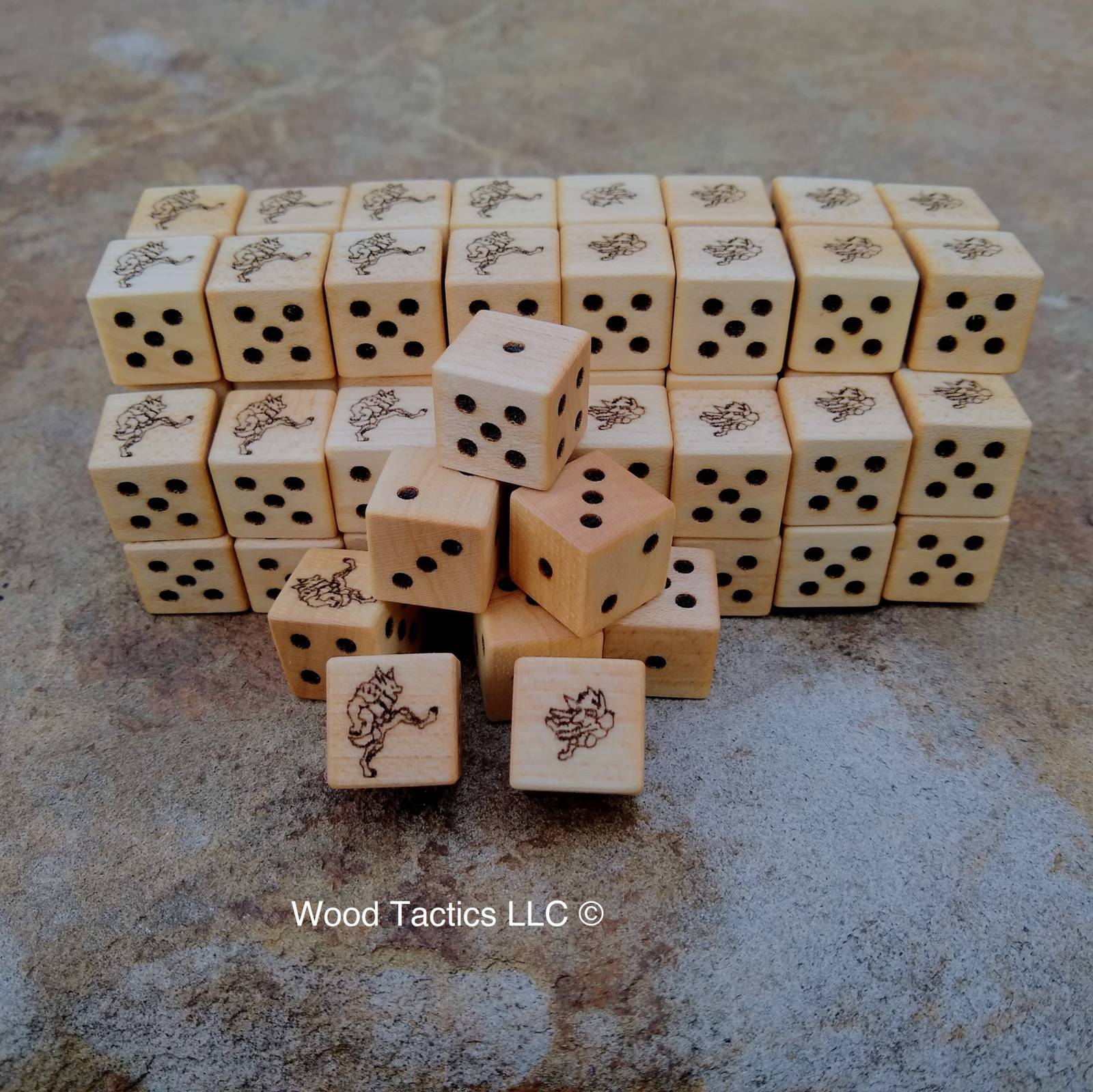 Back Broke Mountain Bowl D6 Dice made from Maple. Features a wolf kicking a goblin.