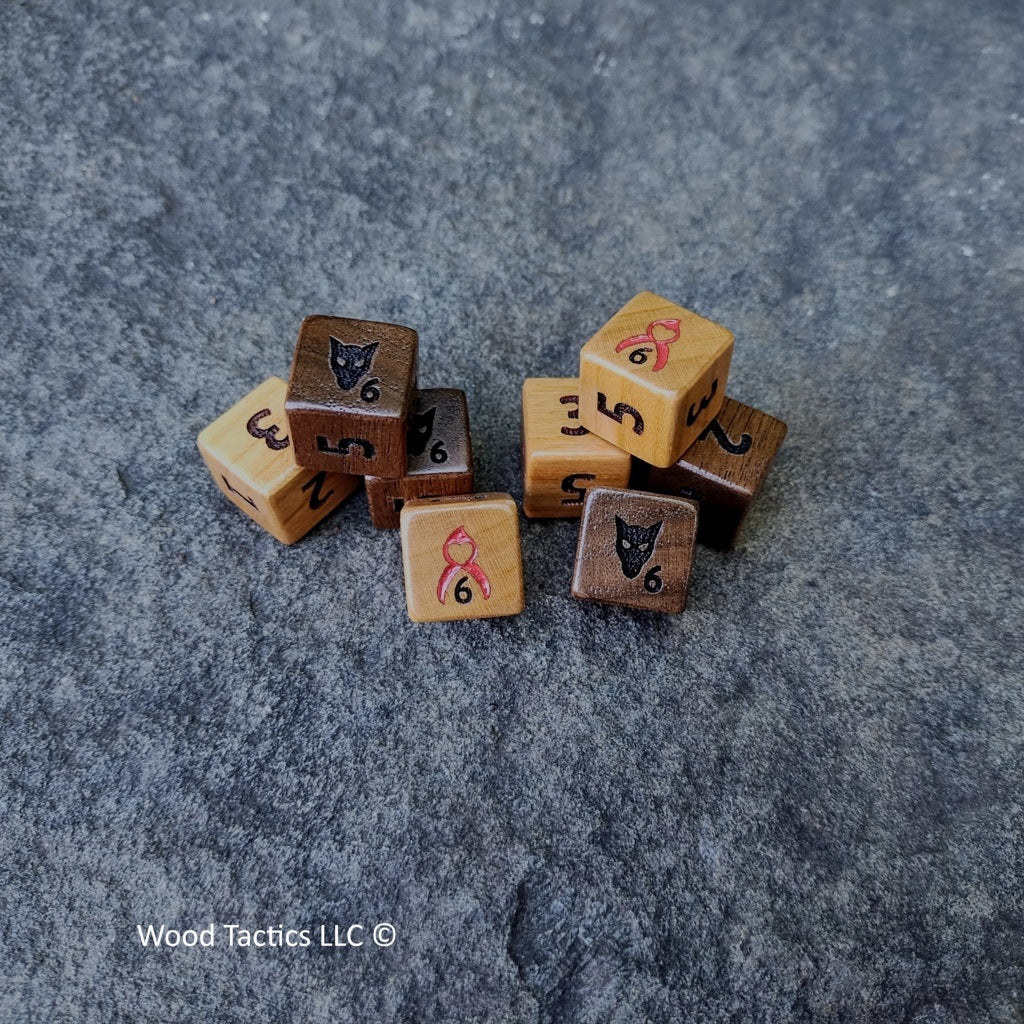 Custom d6 made from Walnut and Cherry Hardwood for Big Bad Con, Featuring a Wolf and Little Red Riding Hood