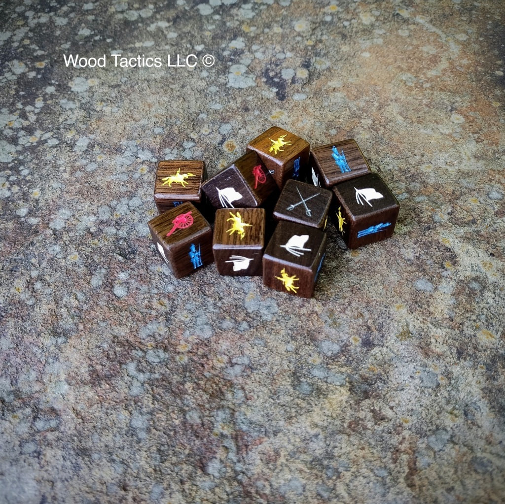 Command and Colors: Napoleonic Walnut hardwood dice Cannon, French Soldier, Flag, Crossed Swords, and Cavalry Symbols