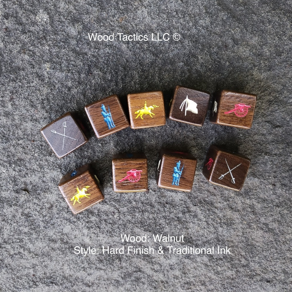 Command and Colors: Napoleonic Walnut hardwood dice Cannon, French Soldier, Flag, Crossed Swords, and Cavalry Symbols