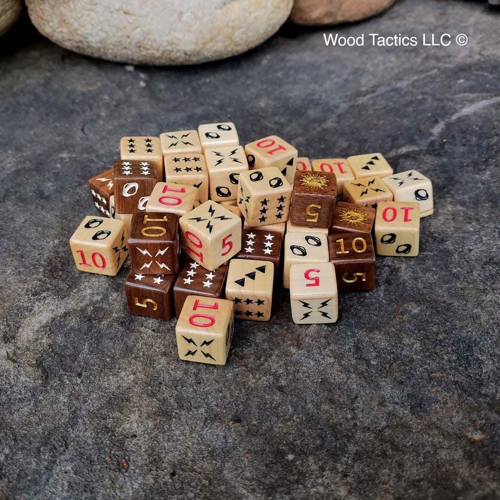 Cosmic Wimpout game Various Hardwood D6 Dice with Saturn, Lightning, Stars, Shooting Star, Triangles, 5 and 10 Symbols.
