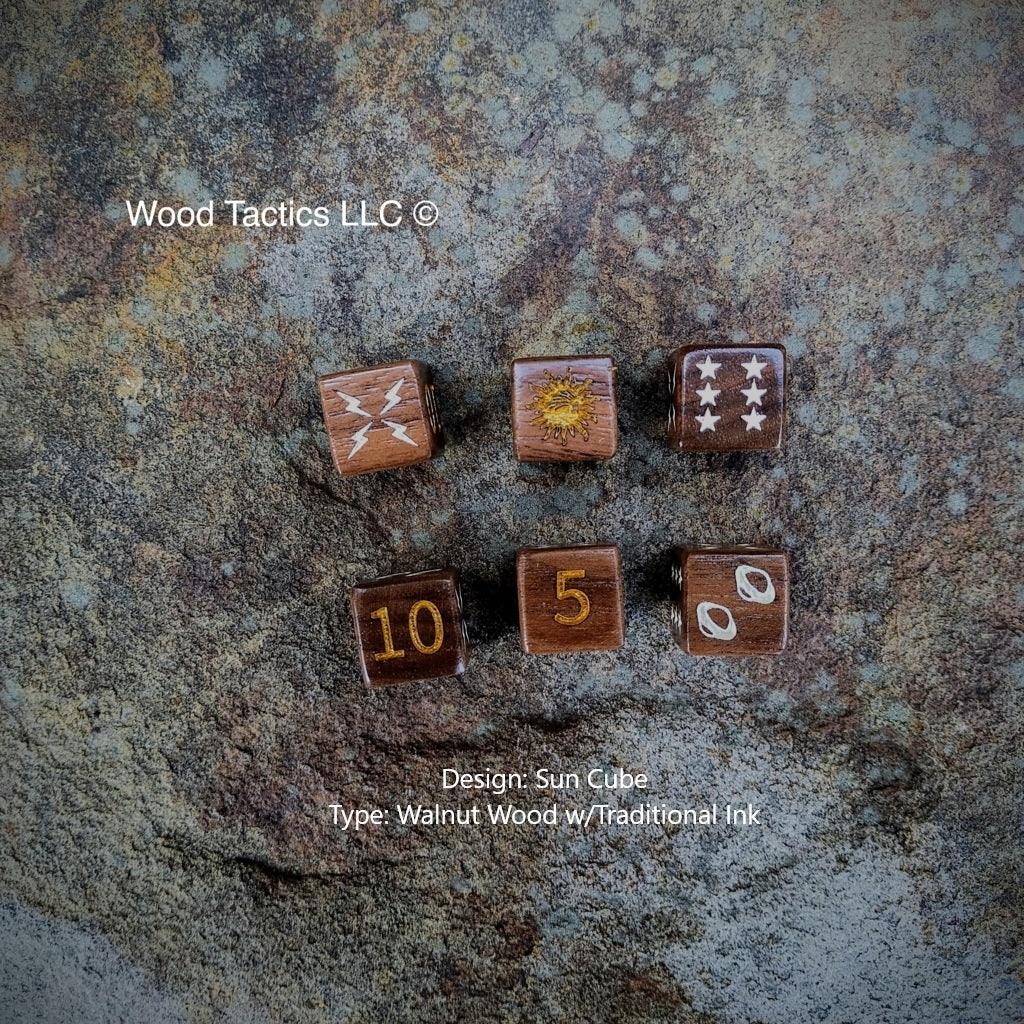 Cosmic Wimpout game Walnut Hardwood sun design D6 Dice Cubes Inked in Traditional Color.
