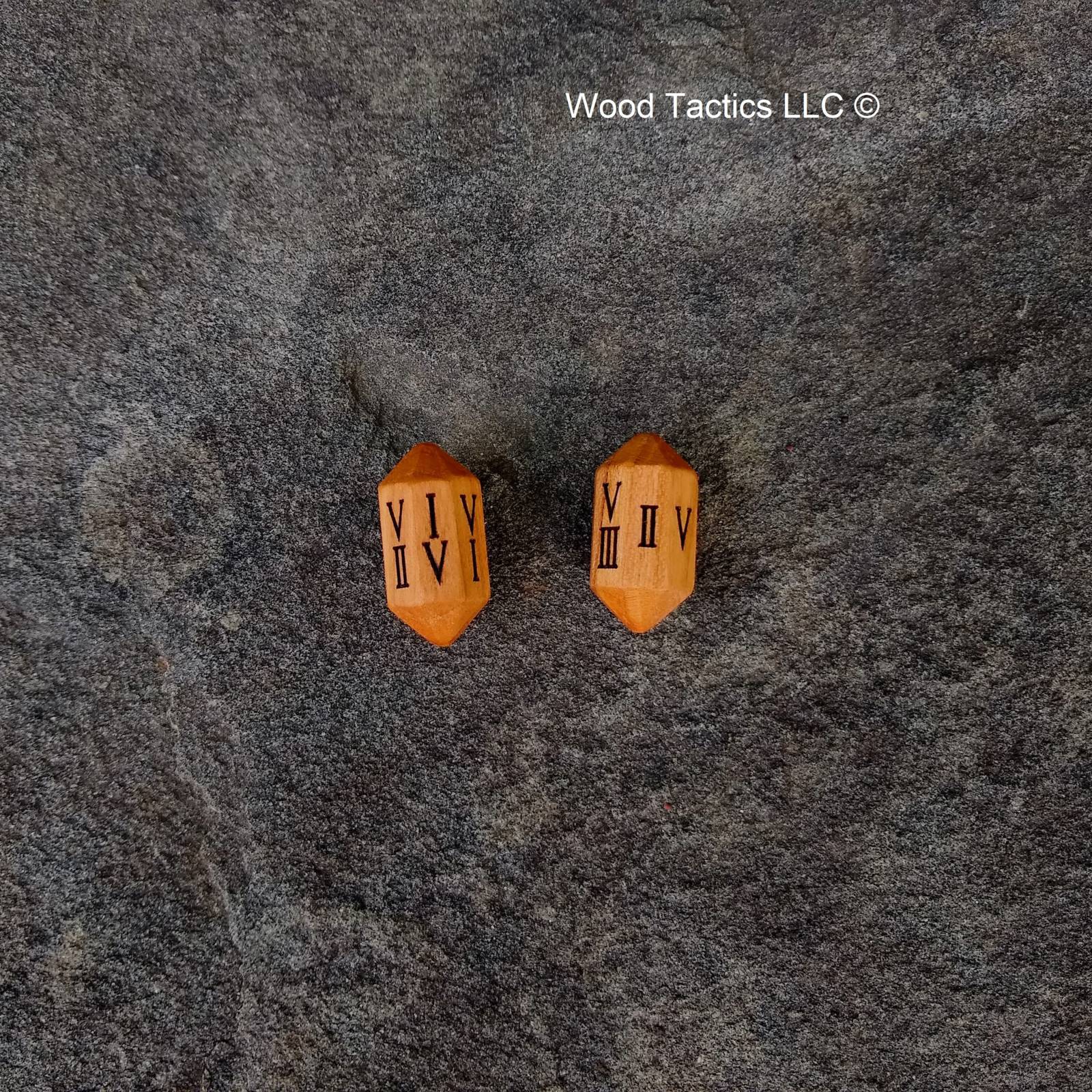 Cherry Hardwood Barrell D8 Dice with Roman Numerals Symbols.