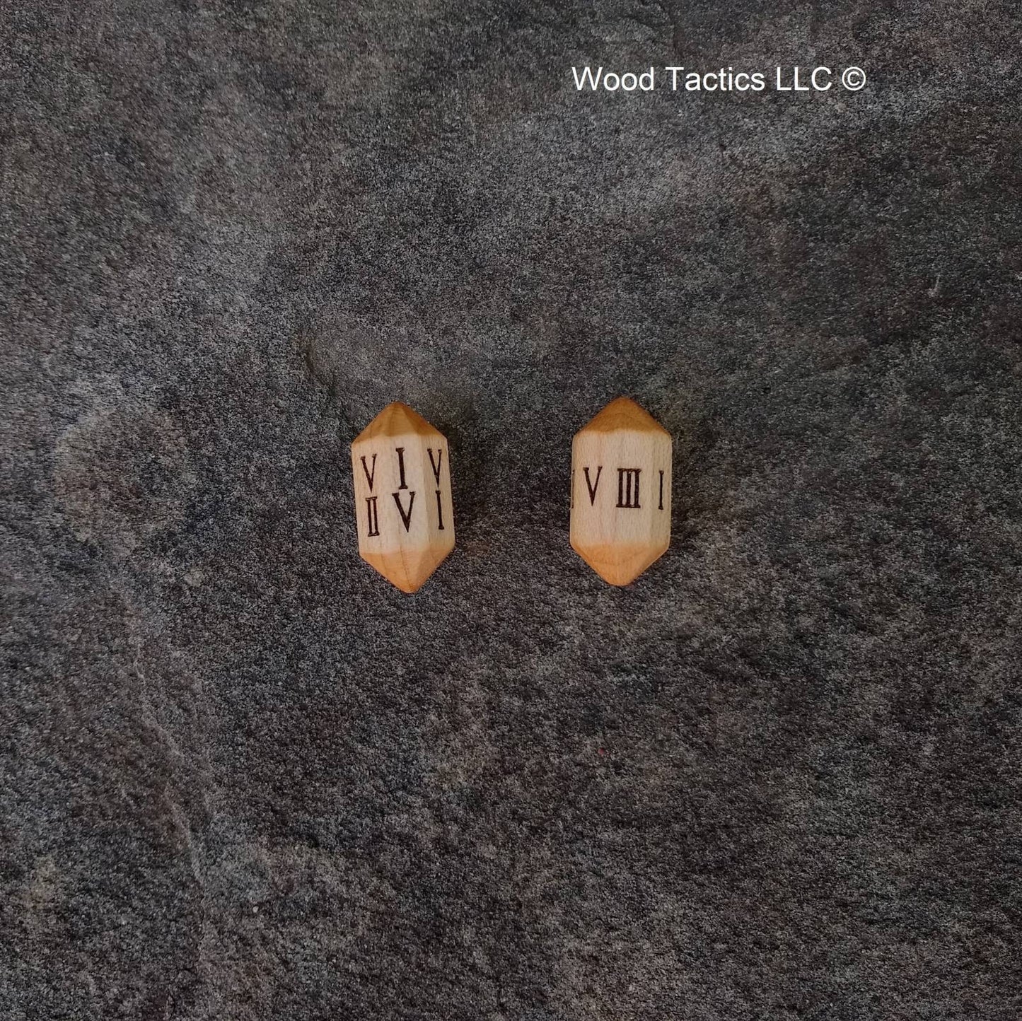 Maple Hardwood Barrell D8 Dice with Roman Numerals Symbols.