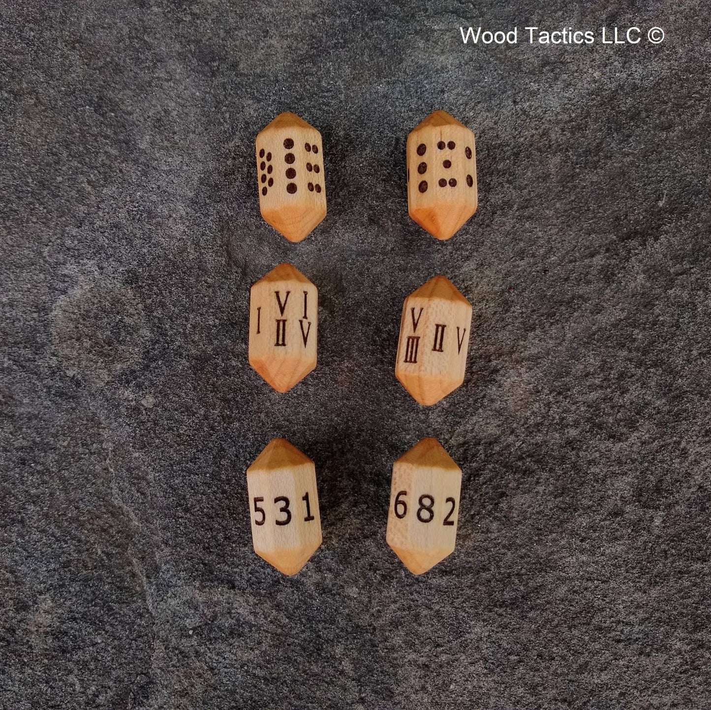 Maple Hardwood Barrell D8 Dice with Pips, Numbers and Roman Numerals Symbols.