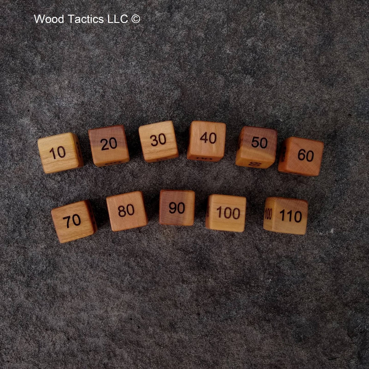 D6 Damage Counter Dice for Pokémon TCG made from Variegated Cherry Hardwood, Counting in the 10's going from 300 to 10