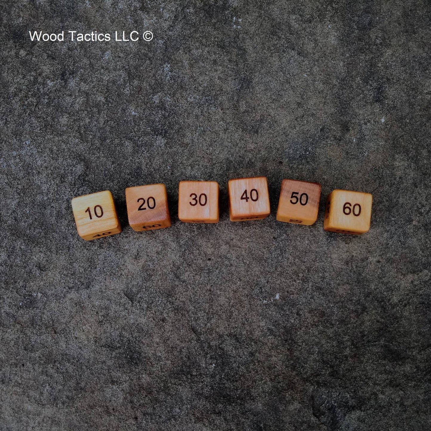 D6 Damage Counter Dice for Pokémon TCG made from Variegated Cherry Hardwood, Counting in the 10's going from 60 to 10