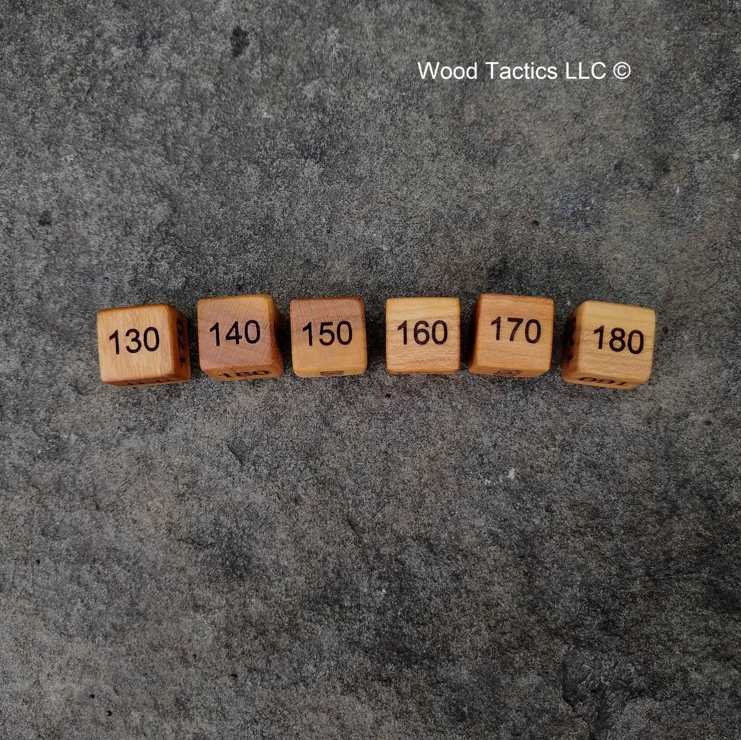 D6 Damage Counter Dice for Pokémon TCG made from Variegated Cherry Hardwood, Counting in the 10's going from 180 to 130