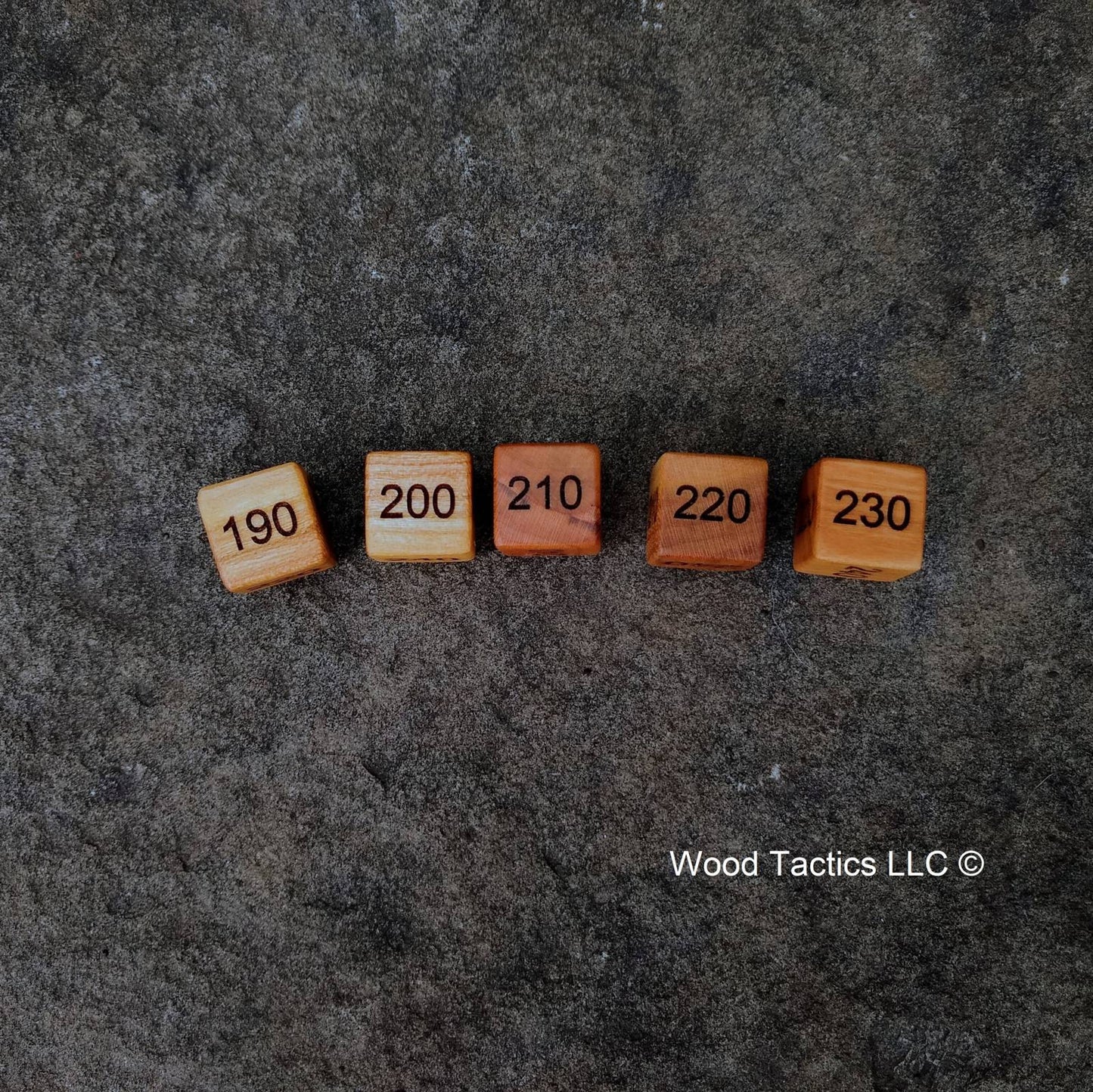 D6 Damage Counter Dice for Pokémon TCG made from Variegated Cherry Hardwood, Counting in the 10's going from 230 to 190