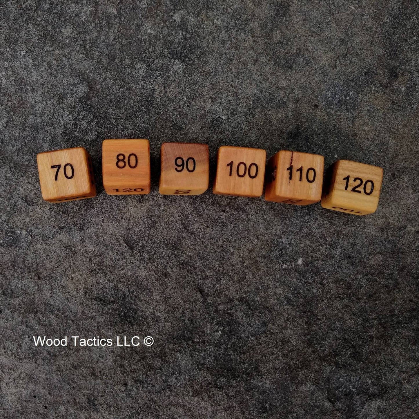 D6 Damage Counter Dice for Pokémon TCG made from Variegated Cherry Hardwood, Counting in the 10's going from 120 to 70