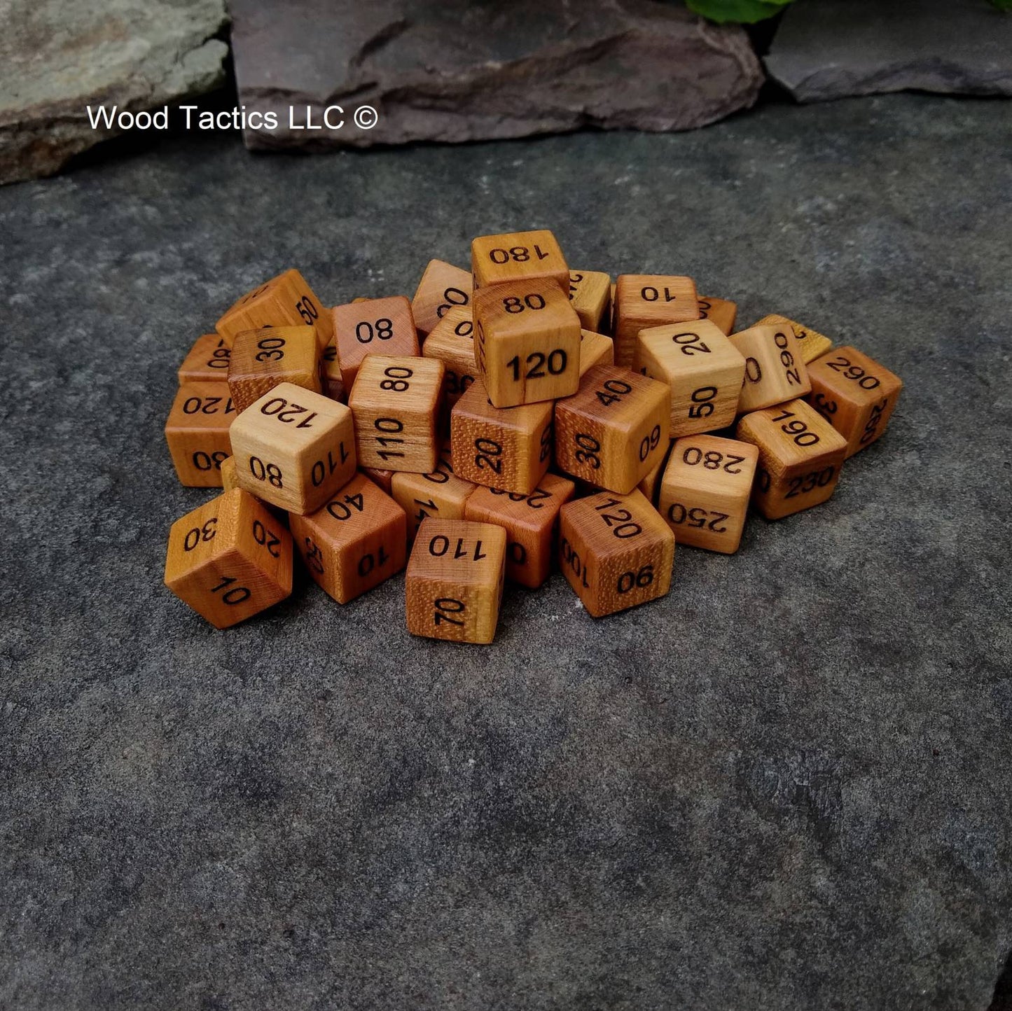 D6 Damage Counter Dice for Pokémon TCG made from Variegated Cherry Hardwood, Counting in the 10's going from 300 to 10