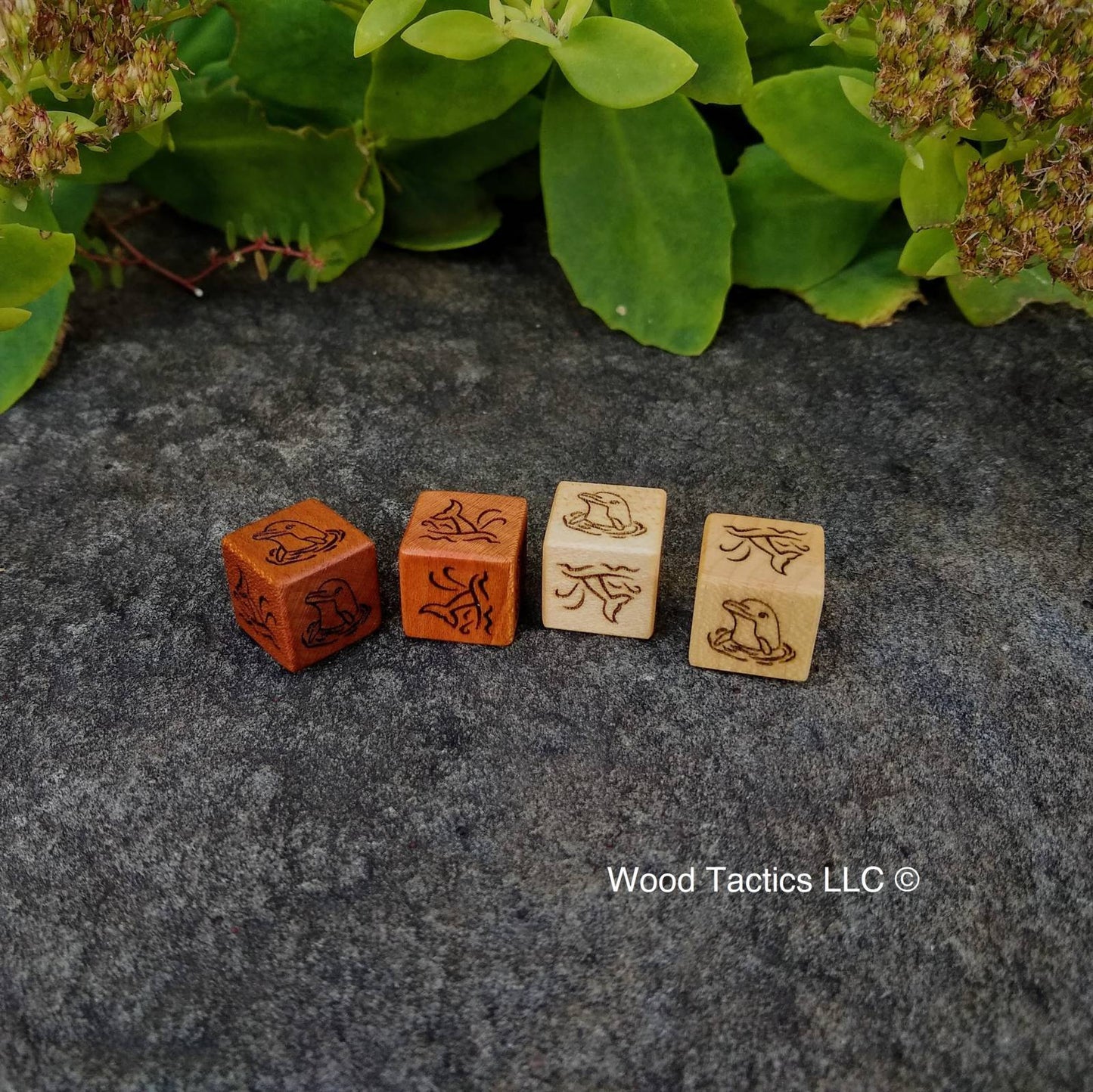 Cherry and Maple Hardwood D6 Coin Flip Dice with A Dolphin head above the water and a dolphin tail above the water on the opposite sides.