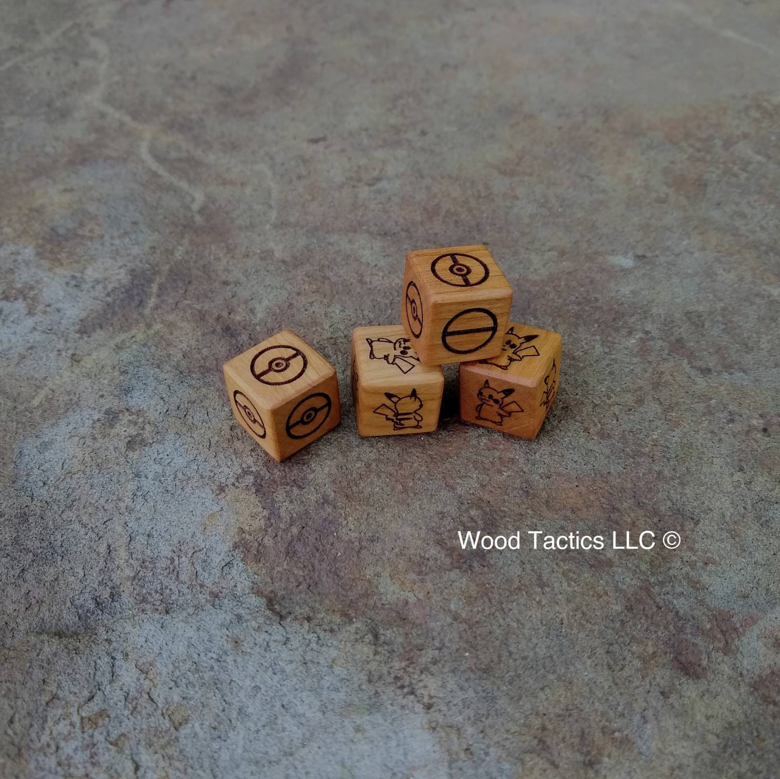 Cherry Hardwood Pokémon TCG Coin Flip dice with Pikachu and Pokeball with front and back symbols
