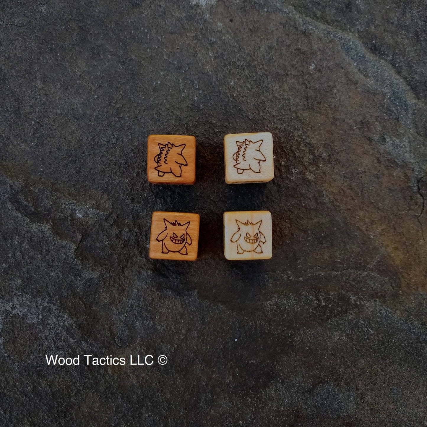 Cherry and Maple Hardwood Pokémon TCG Coin Flip dice with Gengar with front and back symbols
