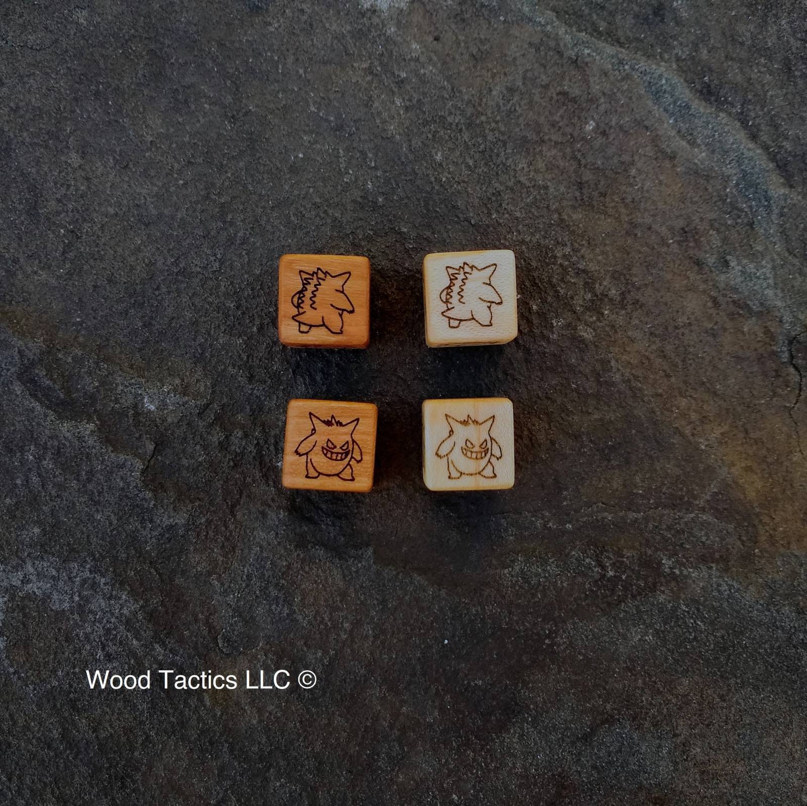 Cherry and Maple Hardwood Pokémon TCG Coin Flip dice with Gengar with front and back symbols