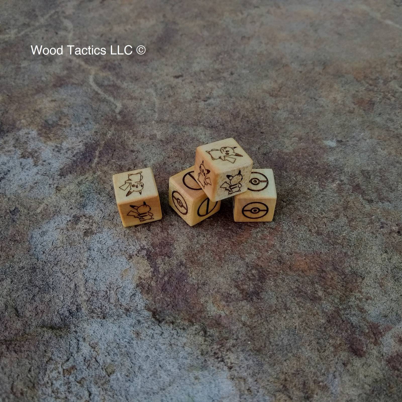 Maple Hardwood Pokémon TCG Coin Flip dice with Pikachu and Pokeball with front and back symbols