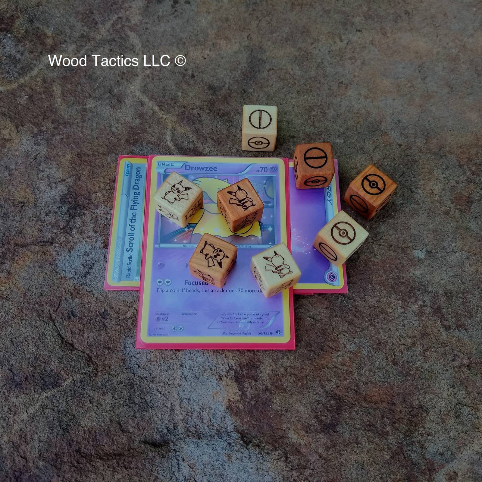 Cherry and Maple Hardwood Pokémon TCG Coin Flip dice with Pikachu, Gengar and Pokeball with front and back symbols