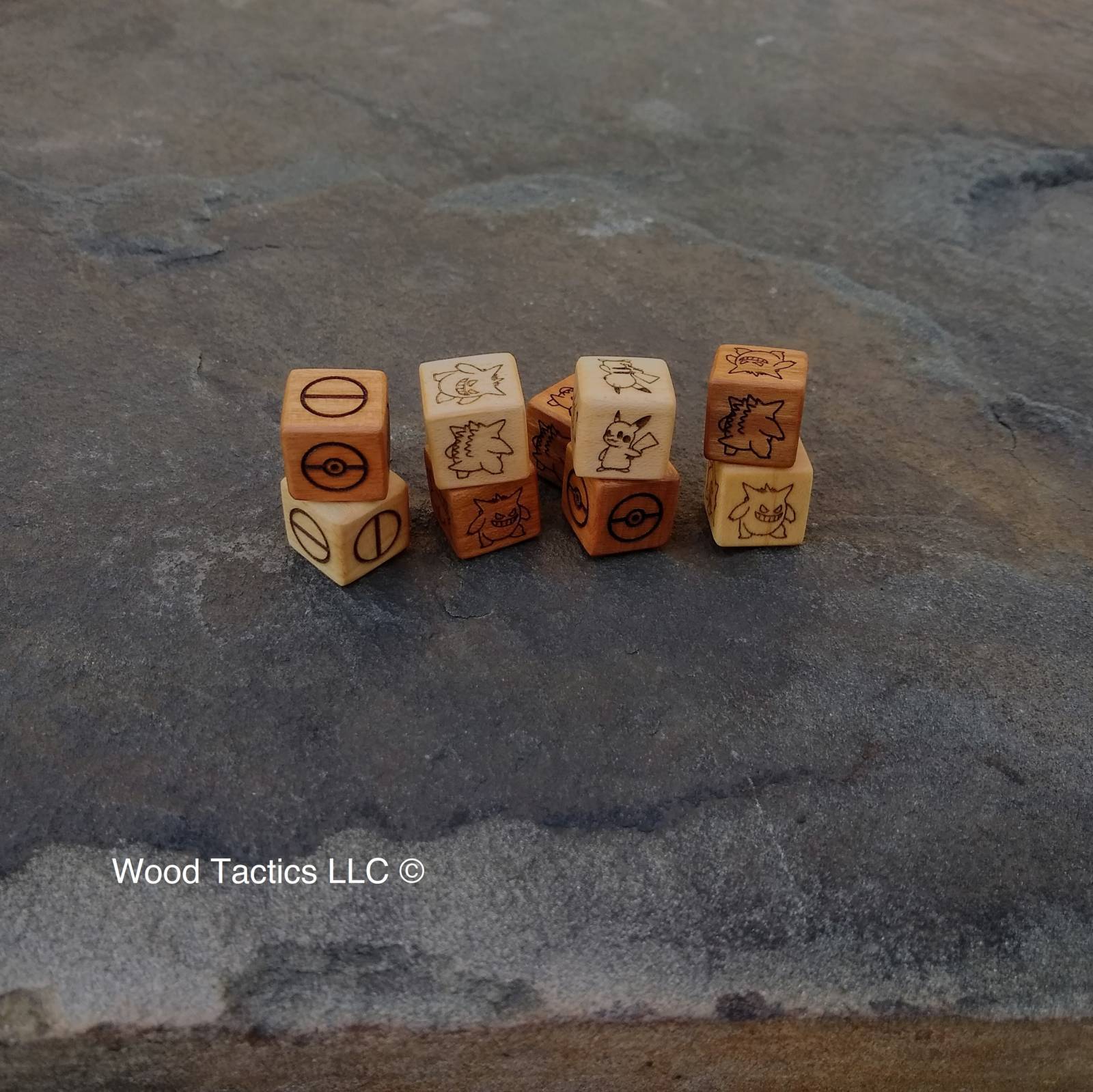Cherry and Maple Hardwood Pokémon TCG Coin Flip dice with Pikachu, Gengar and Pokeball with front and back symbols