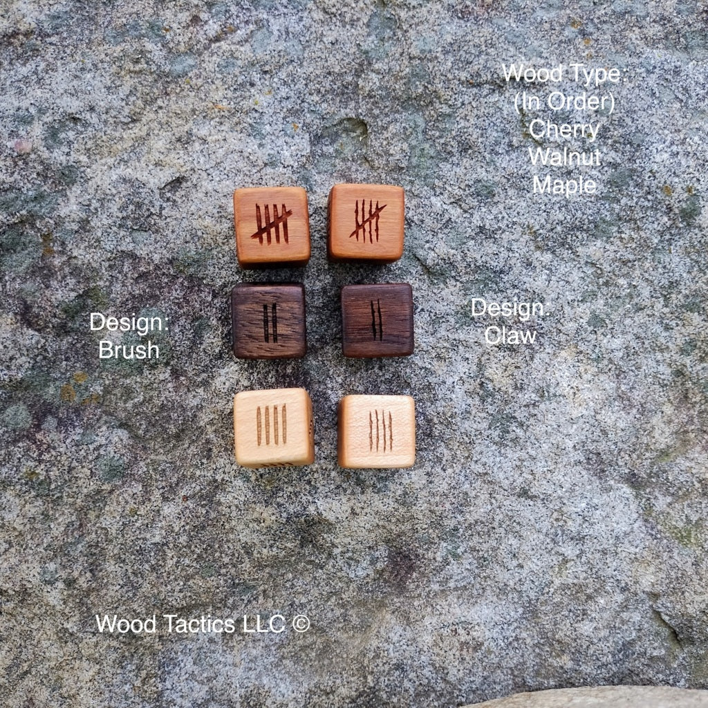 Tally and Hash Mark Tabletop Game six sided dice made from various hardwoods.