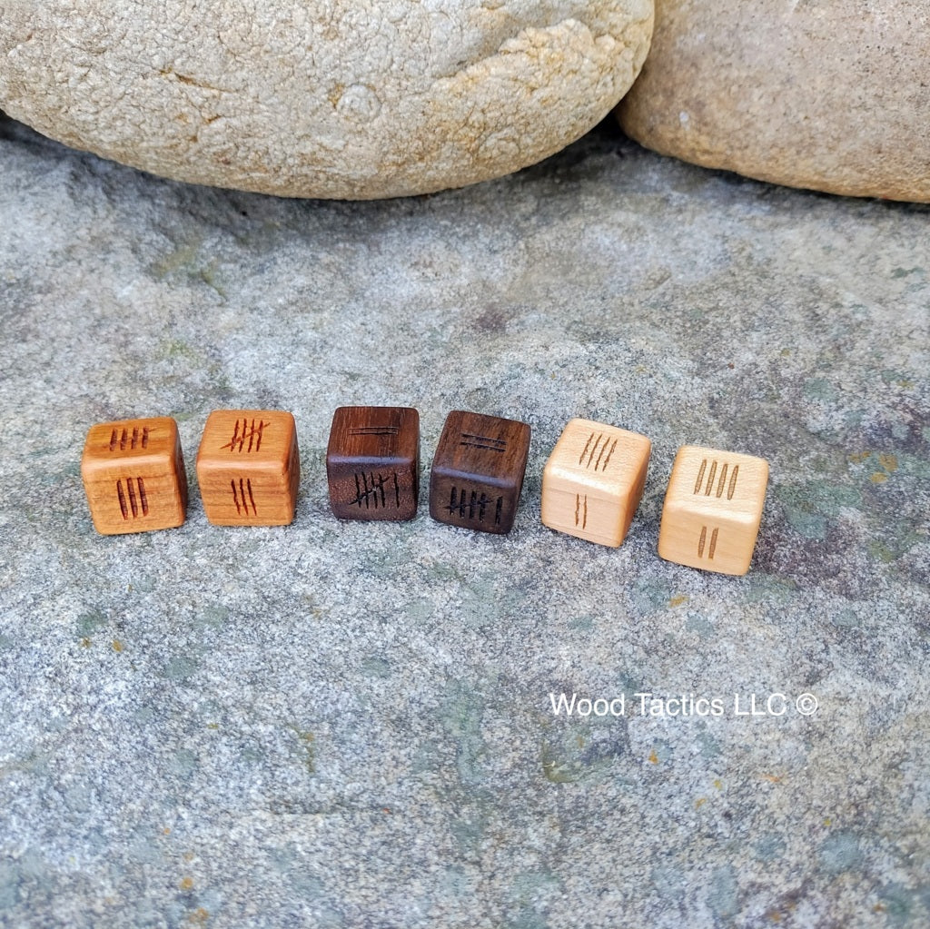 Tally and Hash Mark Tabletop Game six sided dice made from various hardwoods. Two designs Claw and Brush.
