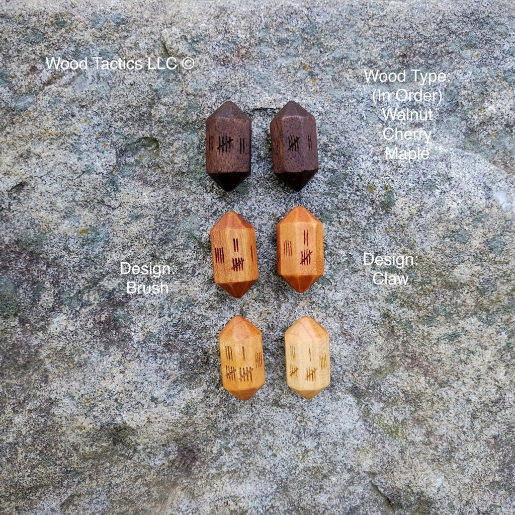 Tally and Hash Mark Tabletop Game eight sided dice made from various hardwoods. Two designs Claw and Brush.