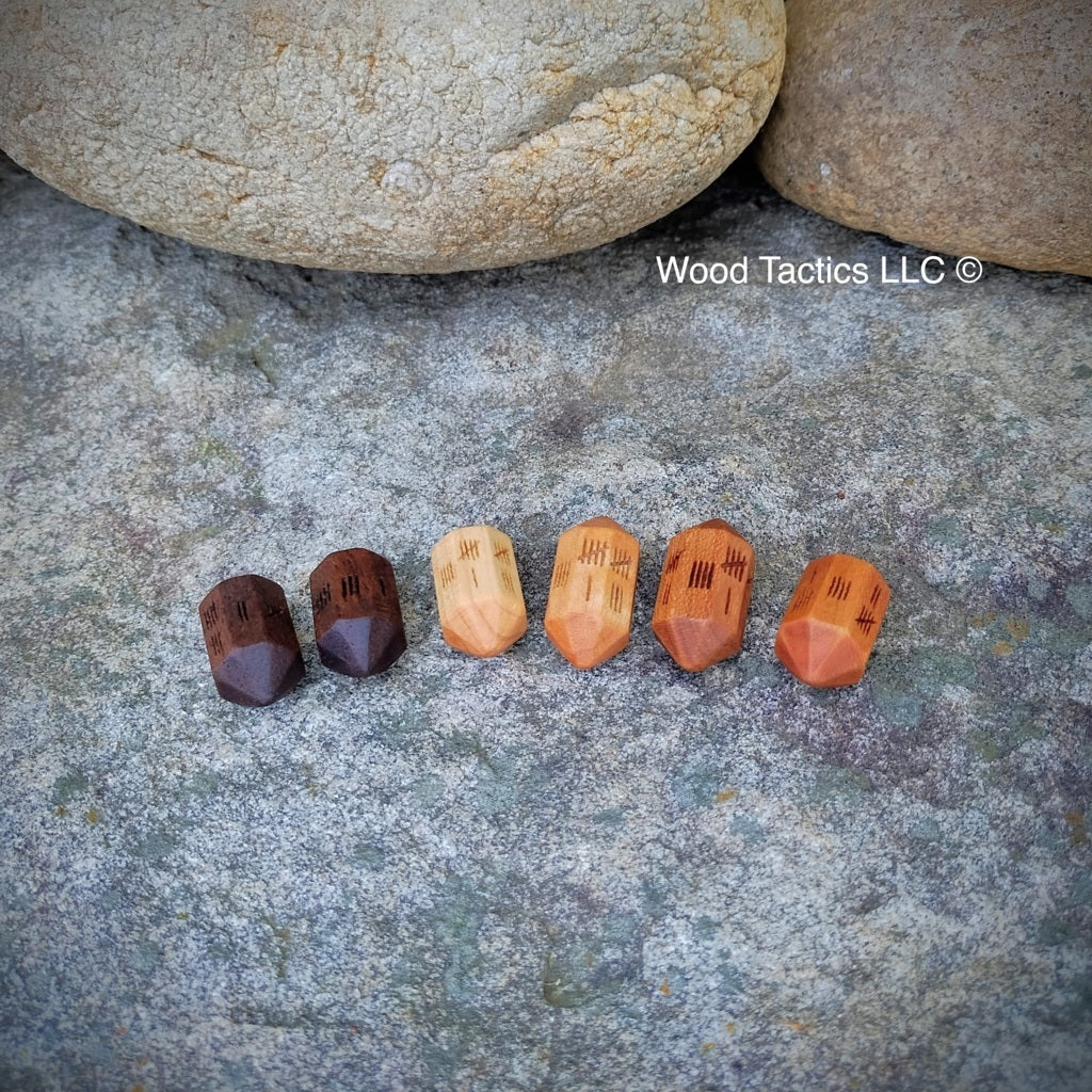 Tally and Hash Mark Tabletop Game eight sided dice made from various hardwoods. Two designs Claw and Brush.