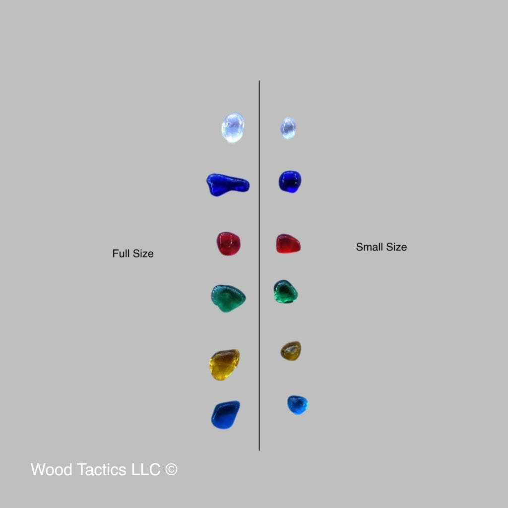 Vibrant glass stones for Mancala travel sets in 6-7mm or 8-9mm sizes. Durable and compact, perfect for on-the-go play.