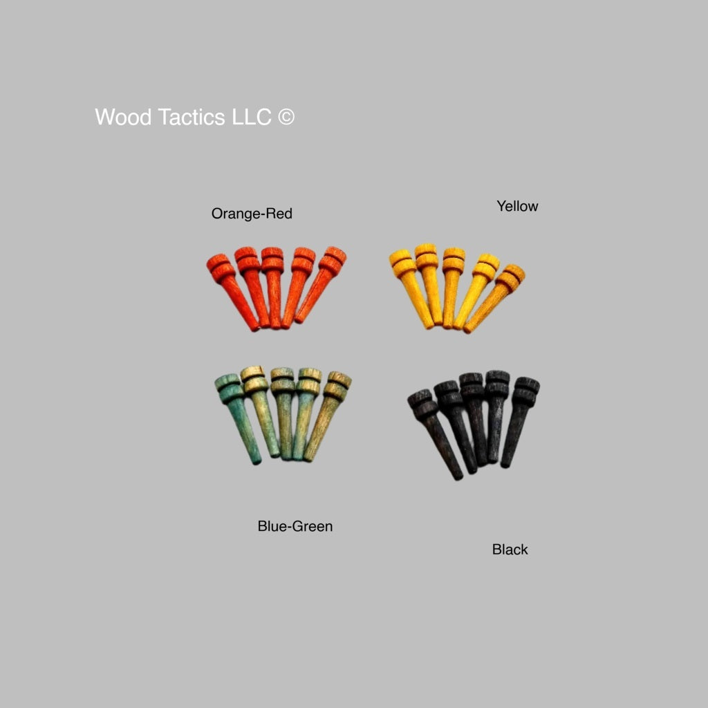 Durable Cribbage pegs in natural or black with oil/wax finish. Replacement parts for Barricade game. Half-sized and colored.