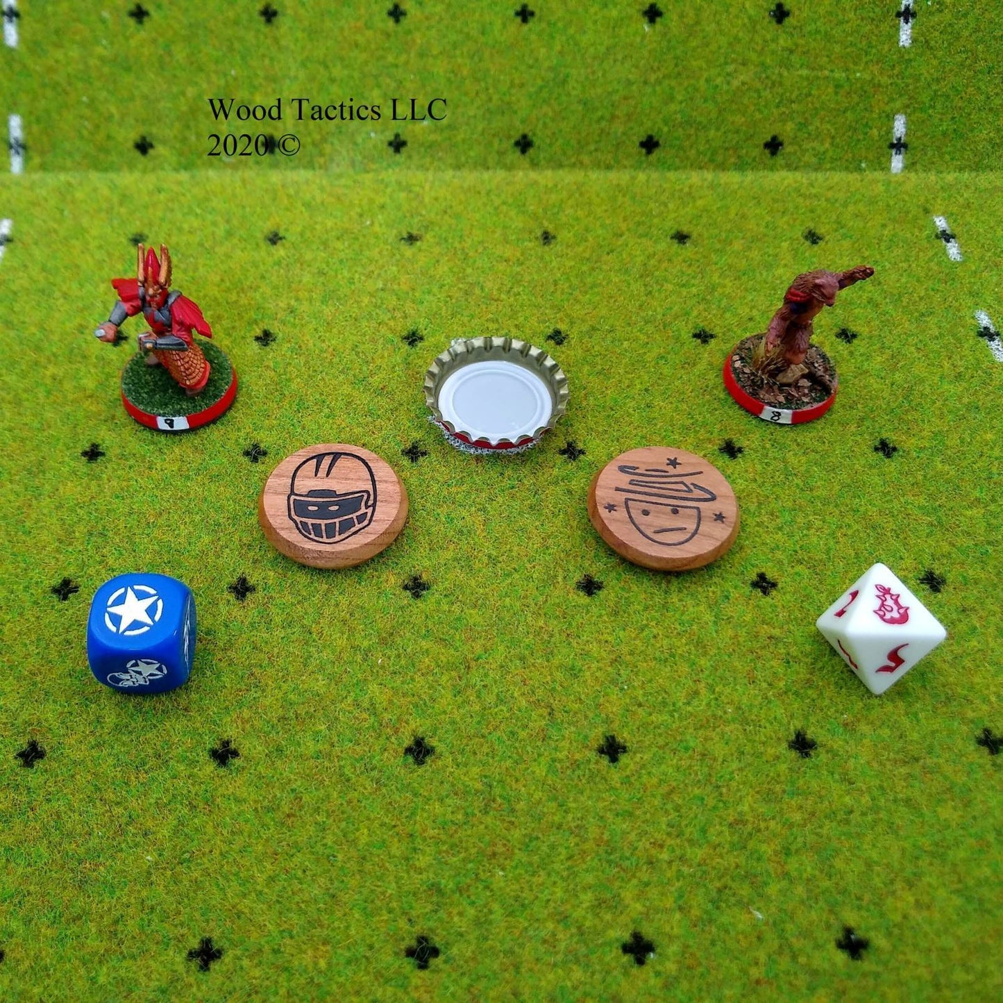 Blood Bowl Prone and Stunned Tokens made from Cherry Hardwood. Featuring generic helmet and face with swirly stars.