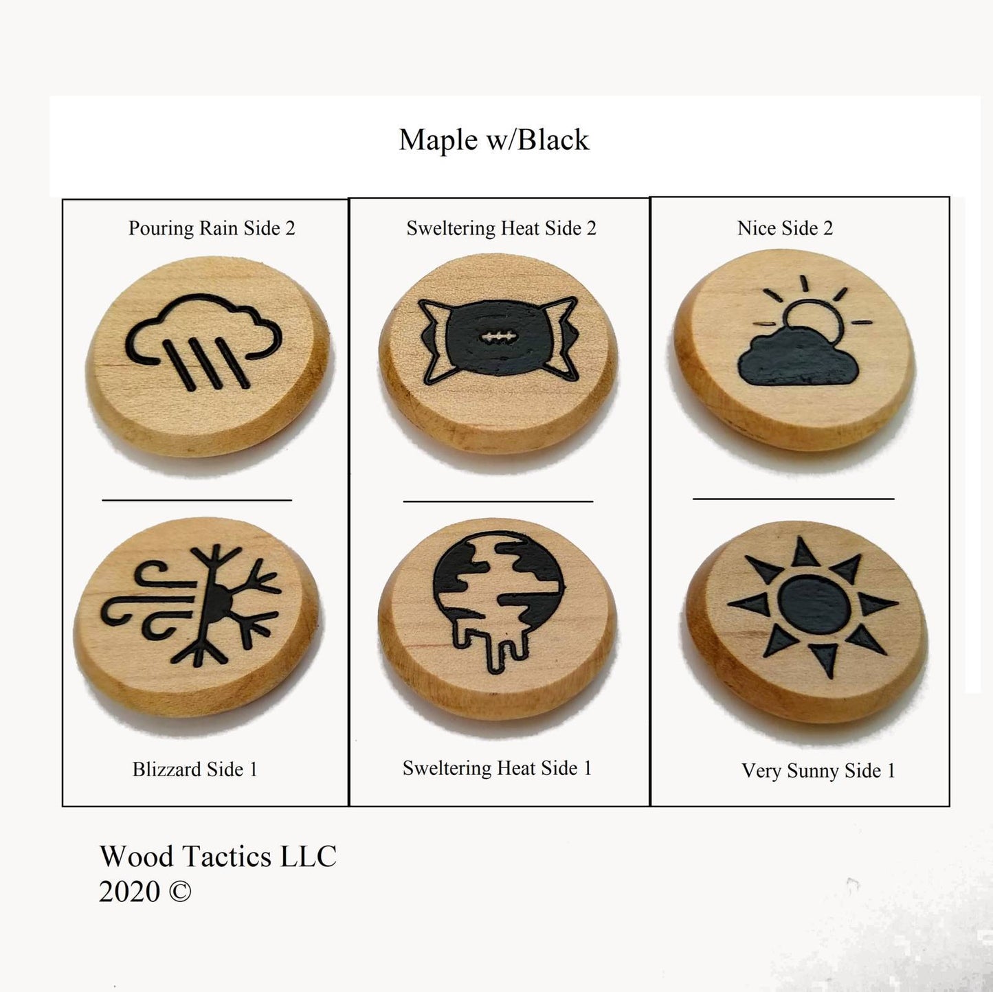 Blood Bowl Weather Tokens made from Maple Hardwood. Featuring Bright Sun, Blizzard and Sweltering Heat designs