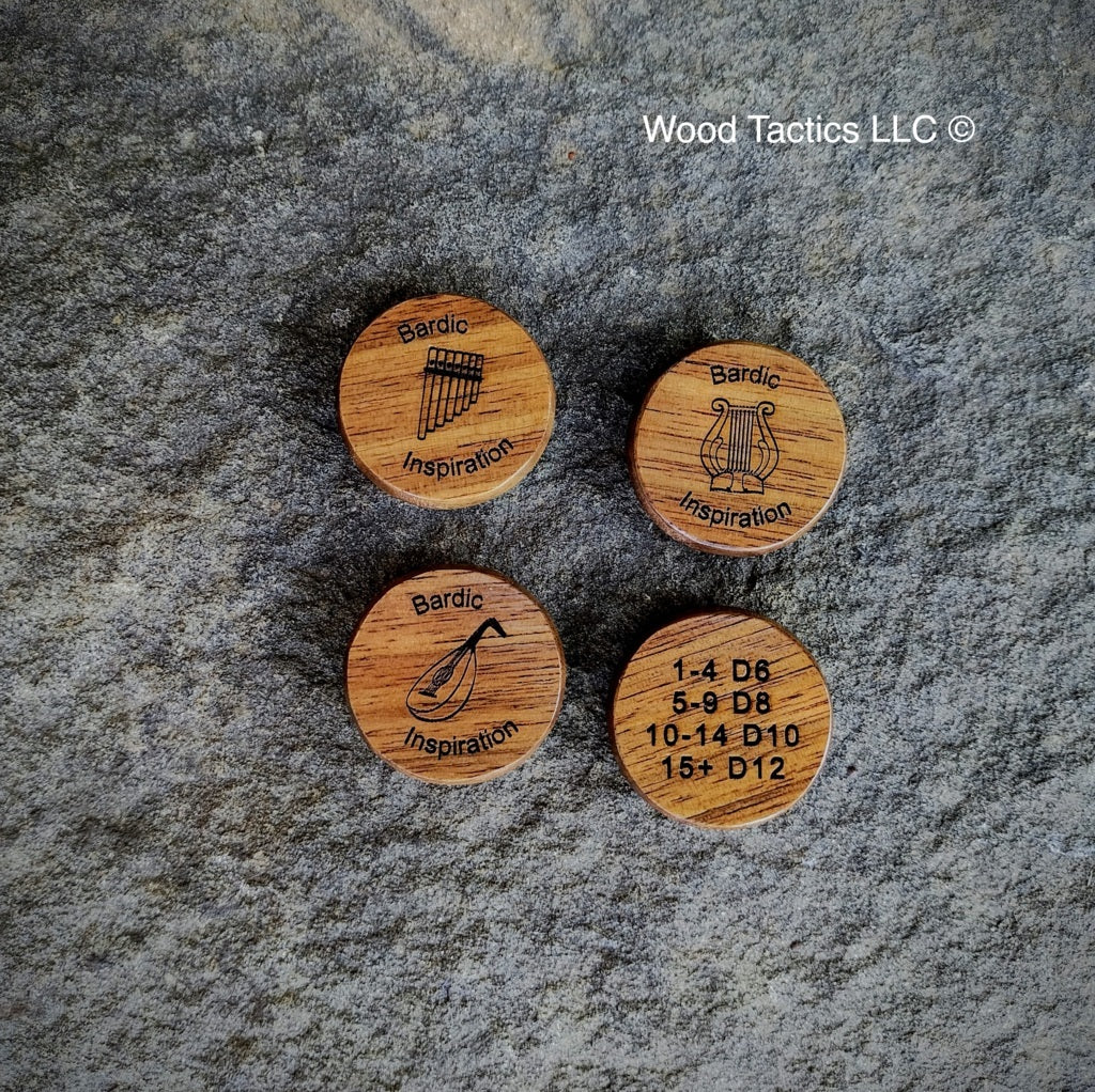Dungeons and Dragons 5e Bardic Inspiration Tokens made from Walnut Hardwood. Back side with level and dice rule.