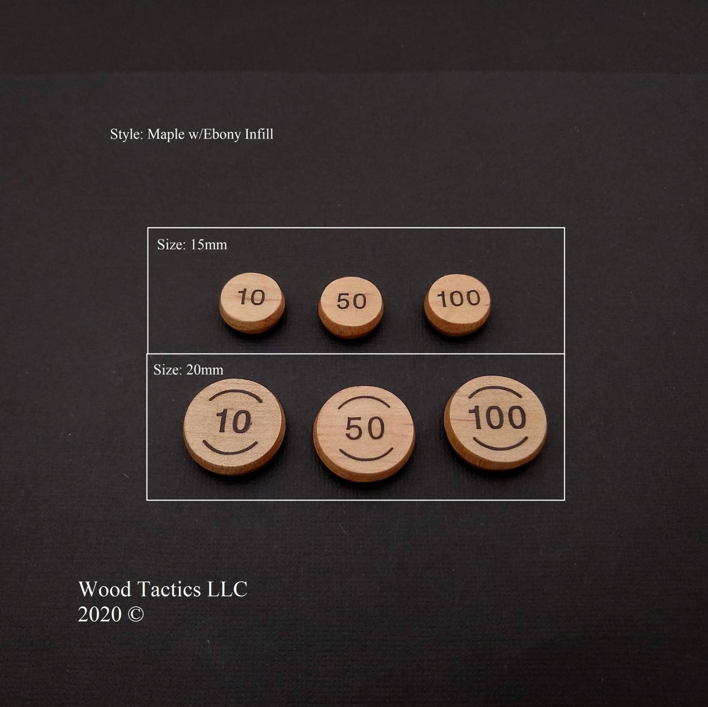 Pokémon TCG Damage Tokens, made from Maple Hardwood. Featuring 10 and 50 numbers and 50 and 100 numbers. In 15 and 20mm size.