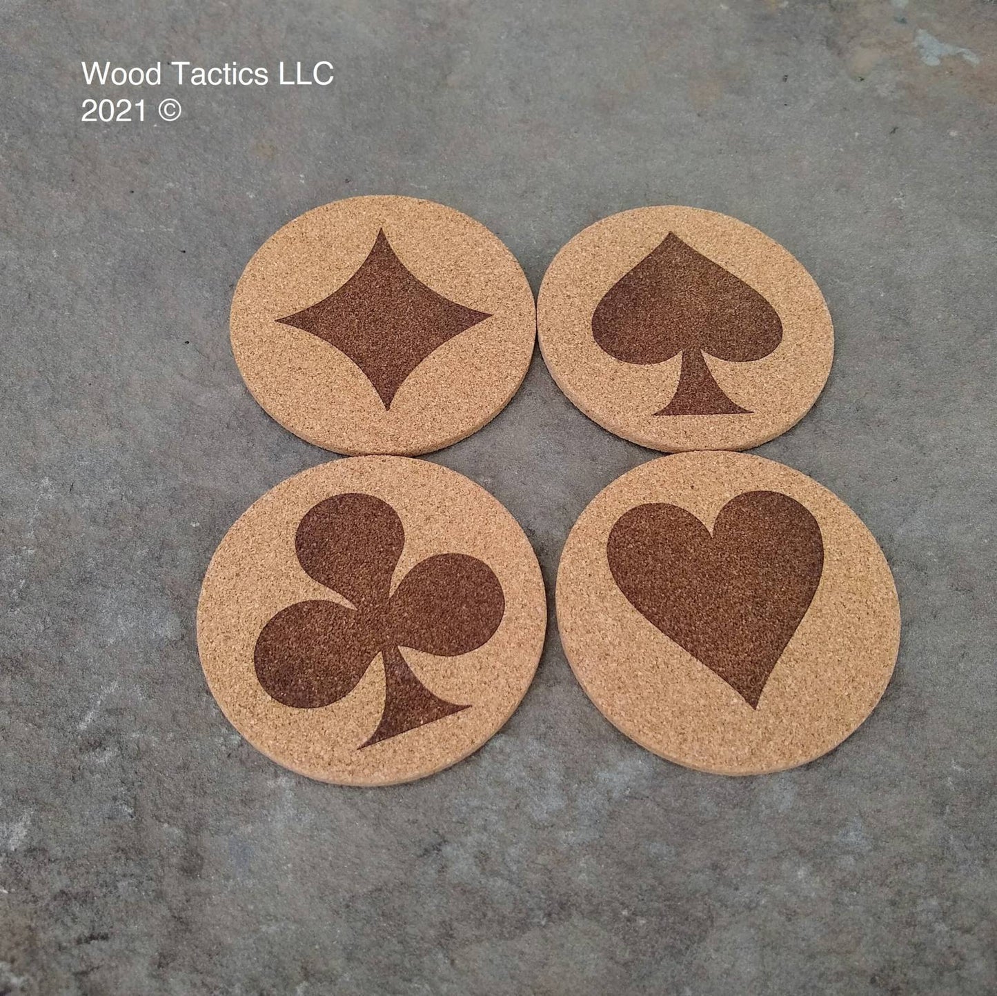 Portuguese Round 4 inch Cork Coasters, with Card Suit symbols Hearts, Clubs, Diamonds and Spades.