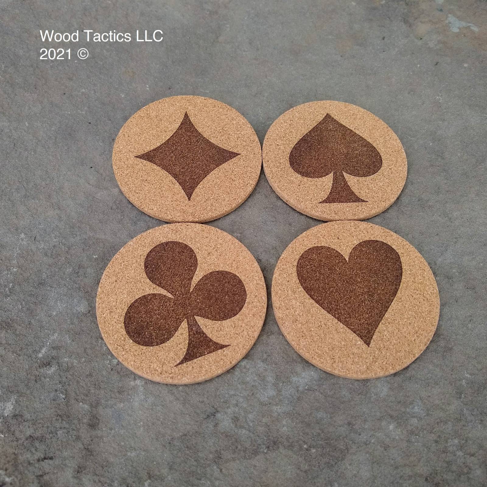 Portuguese Round 4 inch Cork Coasters, with Card Suit symbols Hearts, Clubs, Diamonds and Spades.