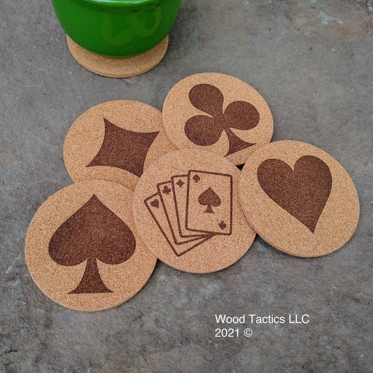 Portuguese Round 4 inch Cork Coasters, with Card Suit symbols Hearts, Clubs, Diamonds and Spades.