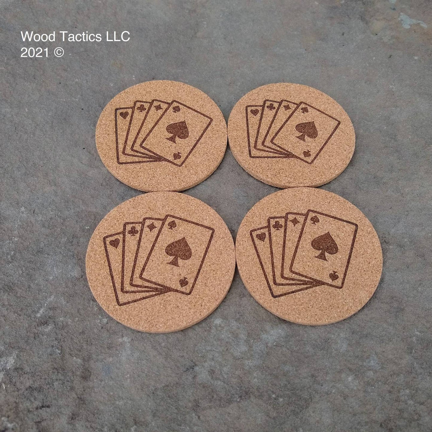 Portuguese Round 4 inch Cork Coasters, with Cards and Suit symbols Hearts, Clubs, Diamonds and Spades.