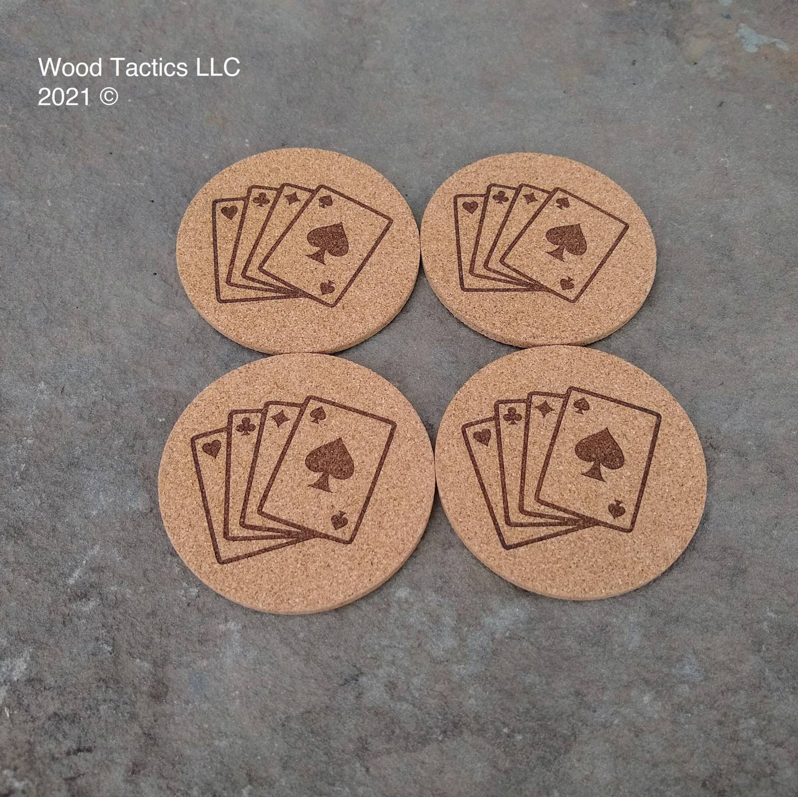 Portuguese Round 4 inch Cork Coasters, with Cards and Suit symbols Hearts, Clubs, Diamonds and Spades.