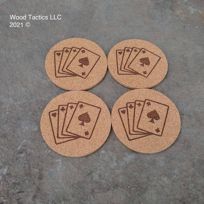 Portuguese Round 4 inch Cork Coasters, with Cards and Suit symbols Hearts, Clubs, Diamonds and Spades.