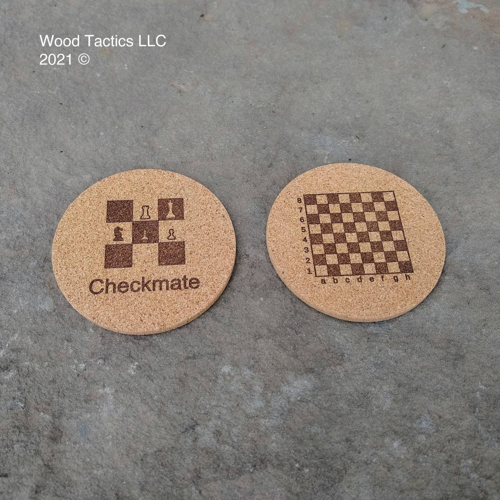 Round 4 inch Cork Coasters, with Checkmate and chess board  designs.