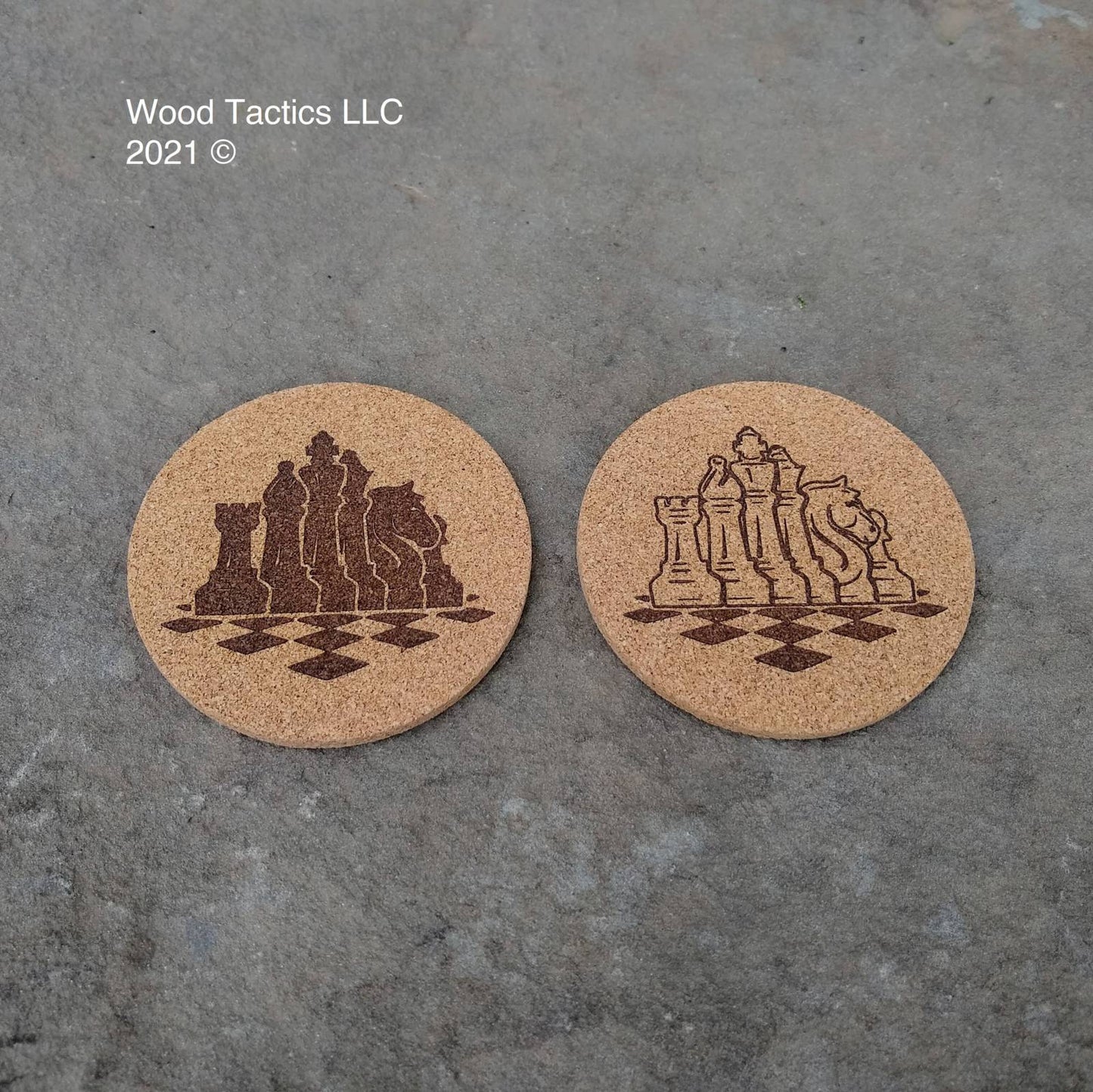 Round 4 inch Cork Coasters, with white and black chess piece designs.