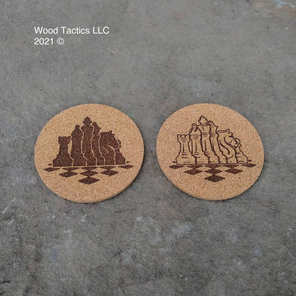 Round 4 inch Cork Coasters, with white and black chess piece designs.