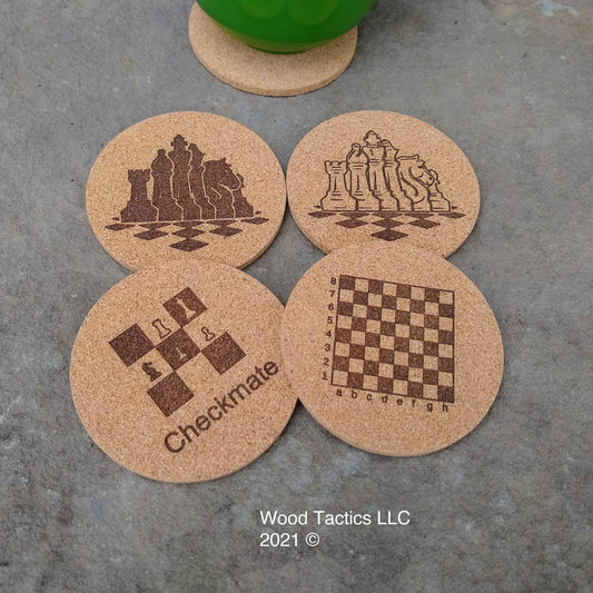 Round 4 inch Cork Coasters, with Checkmate, chess board and chess piece designs.