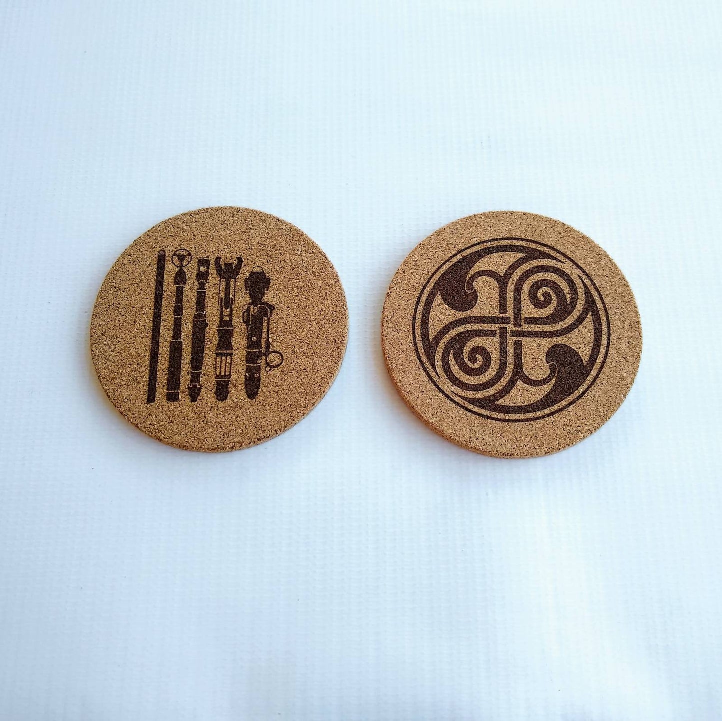 DR Who 4 inch Round Cork Coasters, with Sonic Screwdrivers and Timelords symbol.