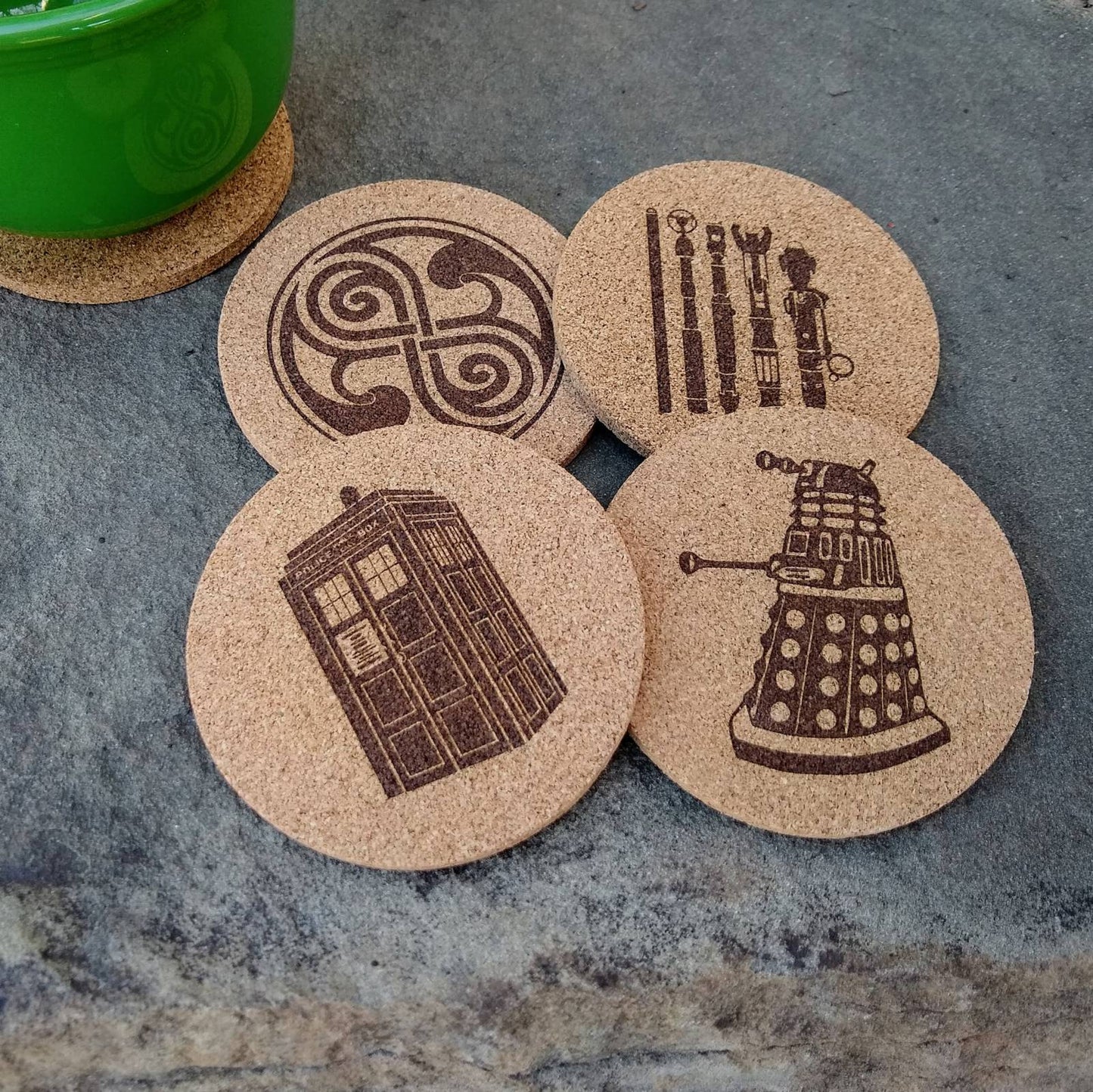 DR Who 4 inch Round Cork Coasters, with Dalek, Tardis, Sonic Screwdrivers and Timelords symbol.