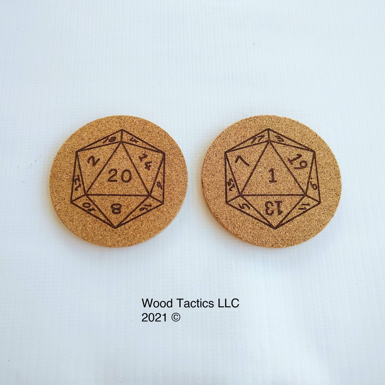 Dungeons and Dragons 4 inch Round Cork Coasters with D20 Front and Back.