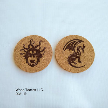 Dungeons and Dragons 4 inch Round Cork Coasters with Dragon and Eye Beast.