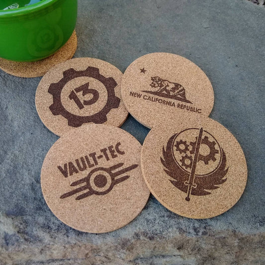 Fallout Game 4 inch Round Cork Coasters, with Vault 13, Vault Tec, Brotherhood of Steel and NCR symbol.